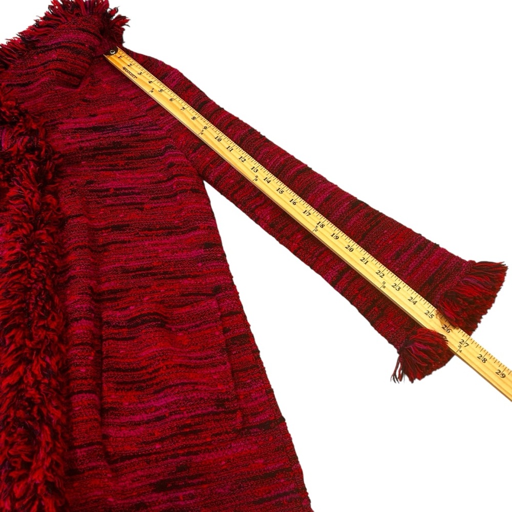 St. John red pink black tweed fringe frayed collar long jacket women’s size 6 - Picture 9 of 16